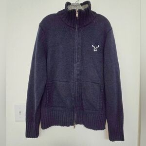 Men's Dark Blue Zip-Up Cable Knit Sweater with Logo Size L